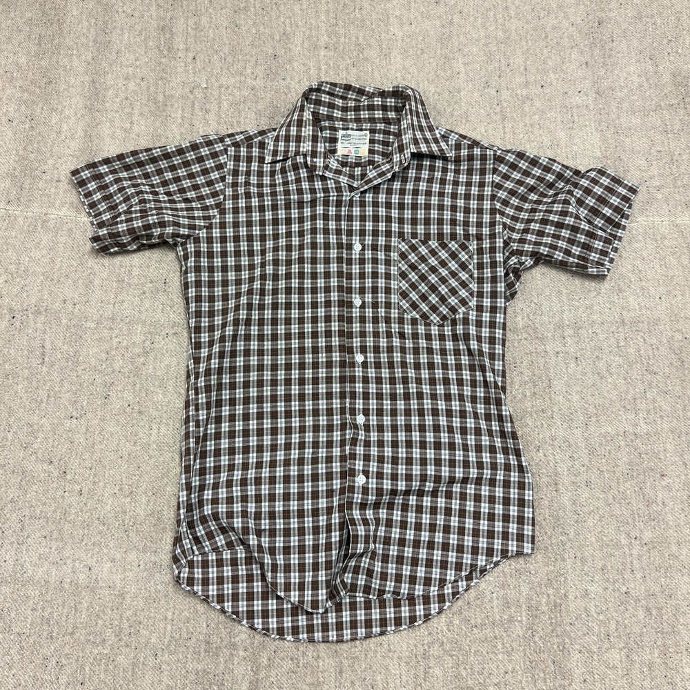 Vintage K Mart Button Up Shirt Mens Large Brown 1970s Short Sleeve Plaid‎